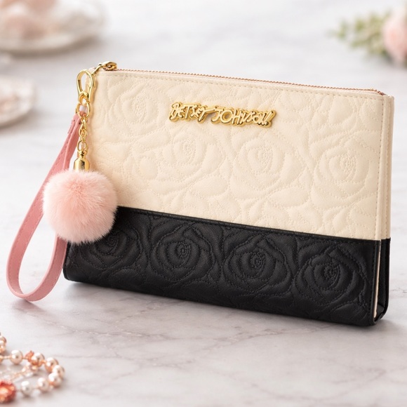 Betsey Johnson Handbags - Betsey Johnson Pink and Black Floral Wristlet